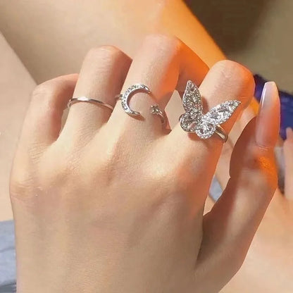 Fairy Style Modern Style Minimalist Moon Heart Shape Butterfly Alloy Copper Gold Plated Silver Plated Artificial Gemstones Artificial Diamond Open Ring In Bulk