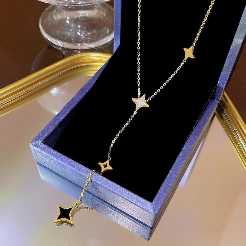Elegant Classic Style Geometric Moon Bow Knot Titanium Steel Zircon Pendant Necklace