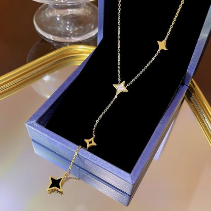Elegant Classic Style Geometric Moon Bow Knot Titanium Steel Zircon Pendant Necklace