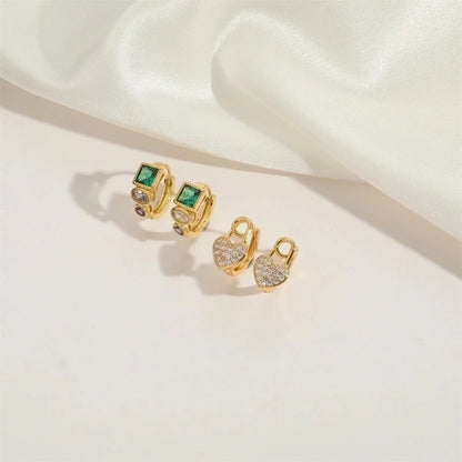 1 Pair Elegant Minimalist Heart Shape Inlay Copper Zircon 14K Gold Plated Earrings