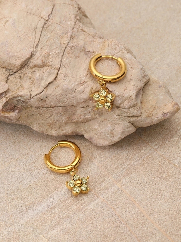 1 Pair Elegant Flower Plating Inlay 304 Stainless Steel Rhinestones 18K Gold Plated Drop Earrings