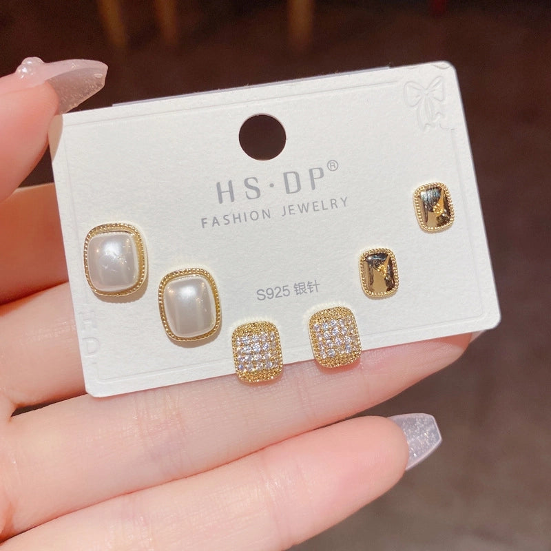 Fashion Geometric Copper Plating Artificial Pearls Zircon Earrings 3 Pairs