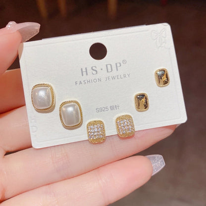 Fashion Geometric Copper Plating Artificial Pearls Zircon Earrings 3 Pairs