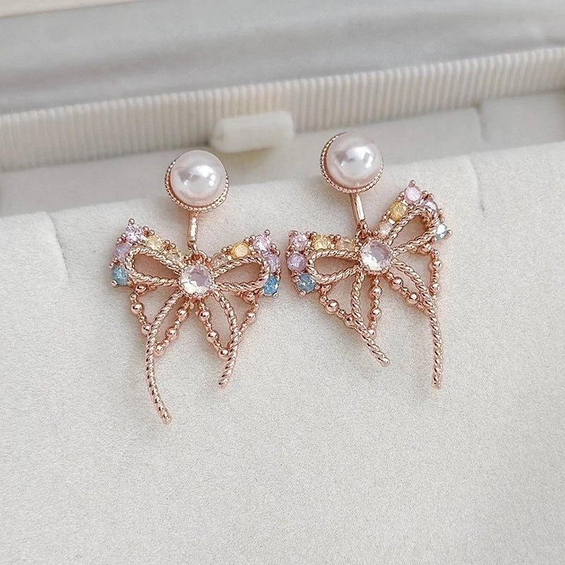 1 Pair Elegant Lady Streetwear Water Droplets Heart Shape Flower Hollow Out Inlay Steel Imitation Pearl Zircon Drop Earrings