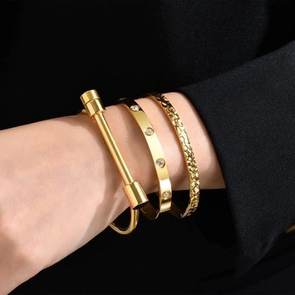 Elegant Geometric Stainless Steel Inlay Zircon 18k Gold Plated Bangle