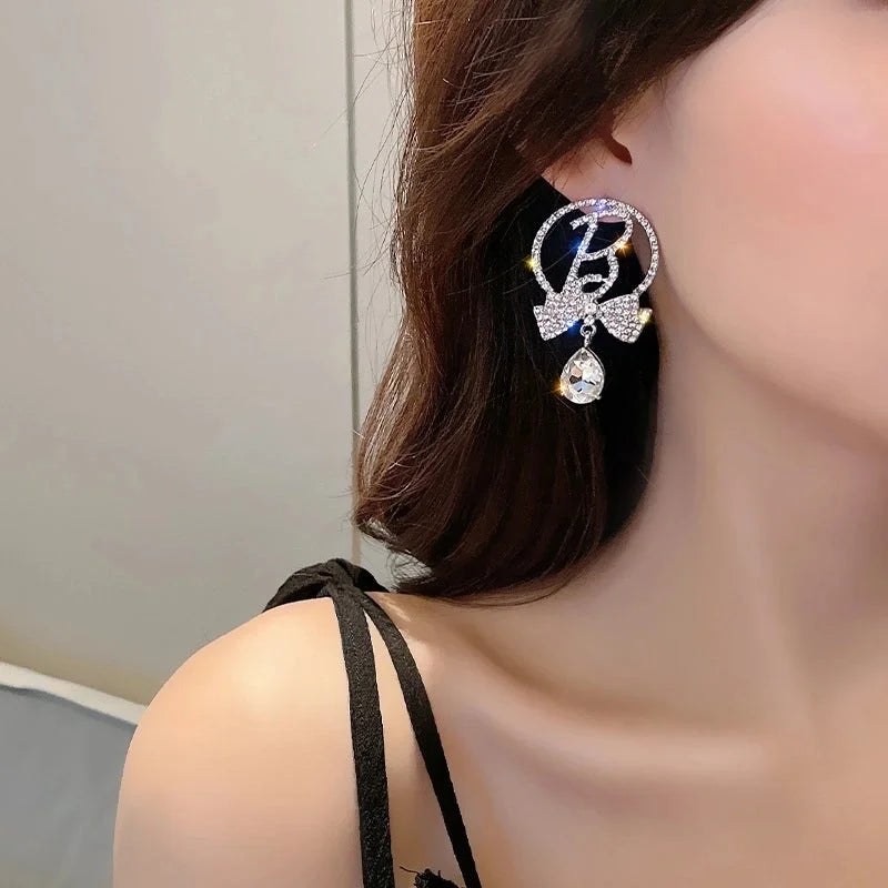 Fashion Heart Shape Bow Knot Copper Inlay Zircon Drop Earrings 1 Pair