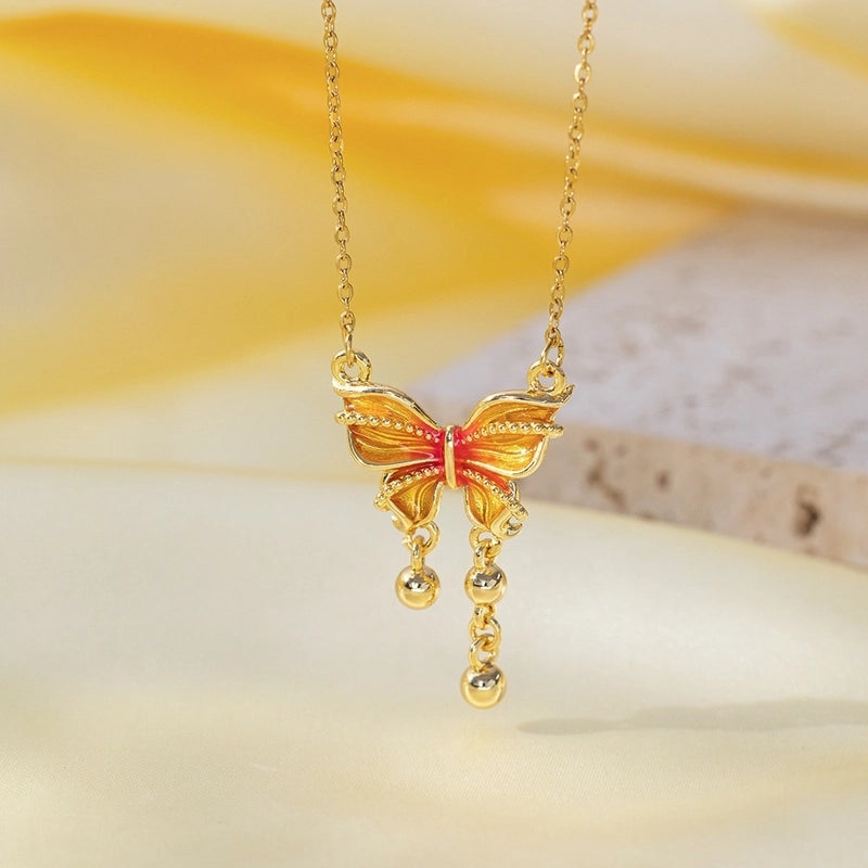 Titanium Steel Copper Plating Heart Shape Flower Bow Knot Pendant Necklace