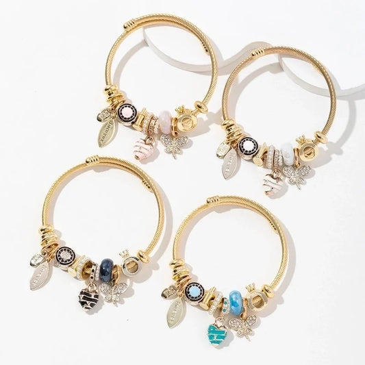 2 Pieces Casual Elegant Lady Heart Shape Dragonfly 304 Stainless Steel Alloy Artificial Crystal Bangle In Bulk