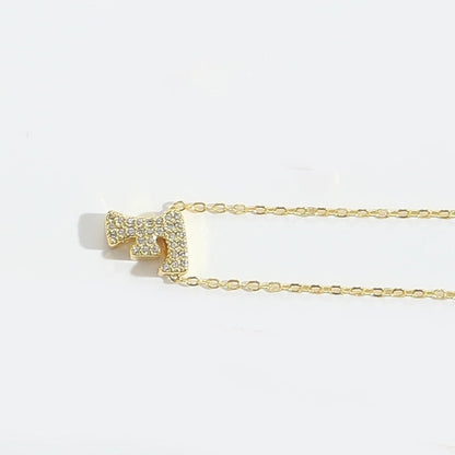 Copper 14K Gold Plated Vintage Style Minimalist Commute Inlay Letter Zircon Pendant Necklace
