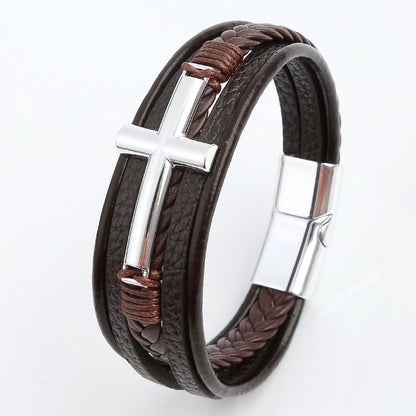 Casual Streetwear Cross 304 Stainless Steel Pu Leather Copper 18K Gold Plated Copper Bangle In Bulk