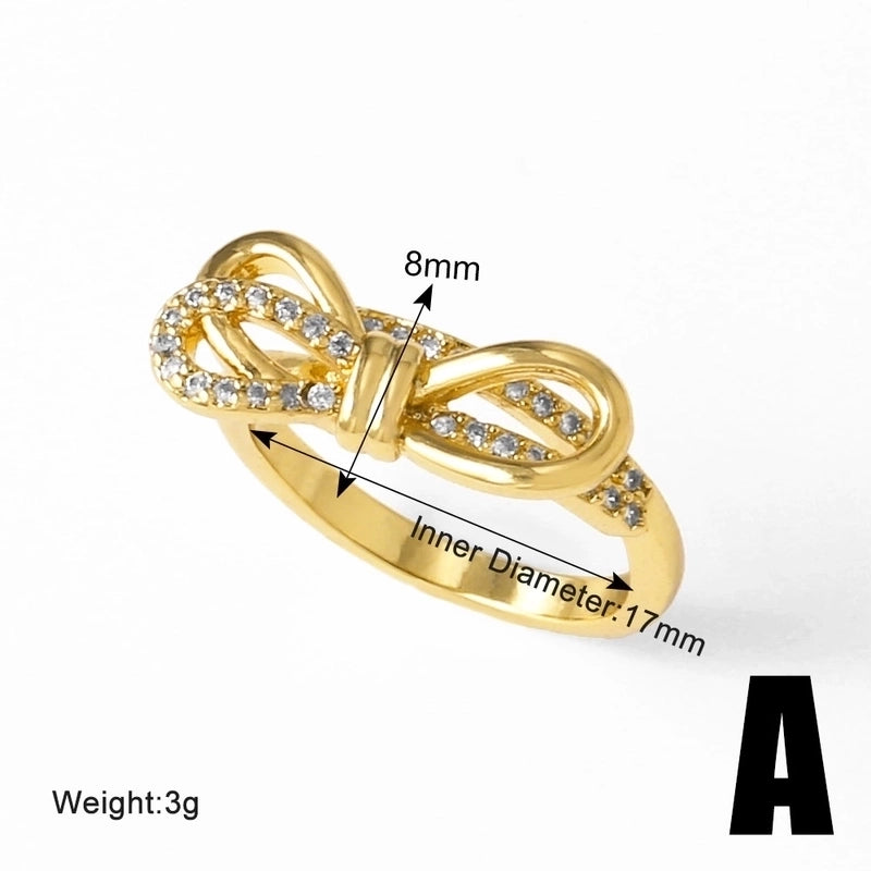 Copper 18K Gold Plated Plating Inlay Bow Knot Zircon Open Rings