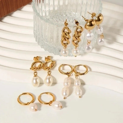 1 Pair Minimalist Round Patchwork 304 Stainless Steel Artificial Pearls Freshwater Pearl 18K Gold Plated Drop Earrings
