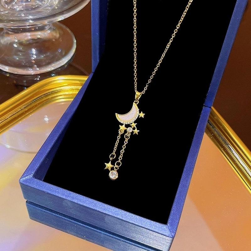 Elegant Classic Style Geometric Moon Bow Knot Titanium Steel Zircon Pendant Necklace