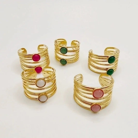 Minimalist Round 304 Stainless Steel Natural Stone 14K Gold Plated Plating Inlay Open Rings