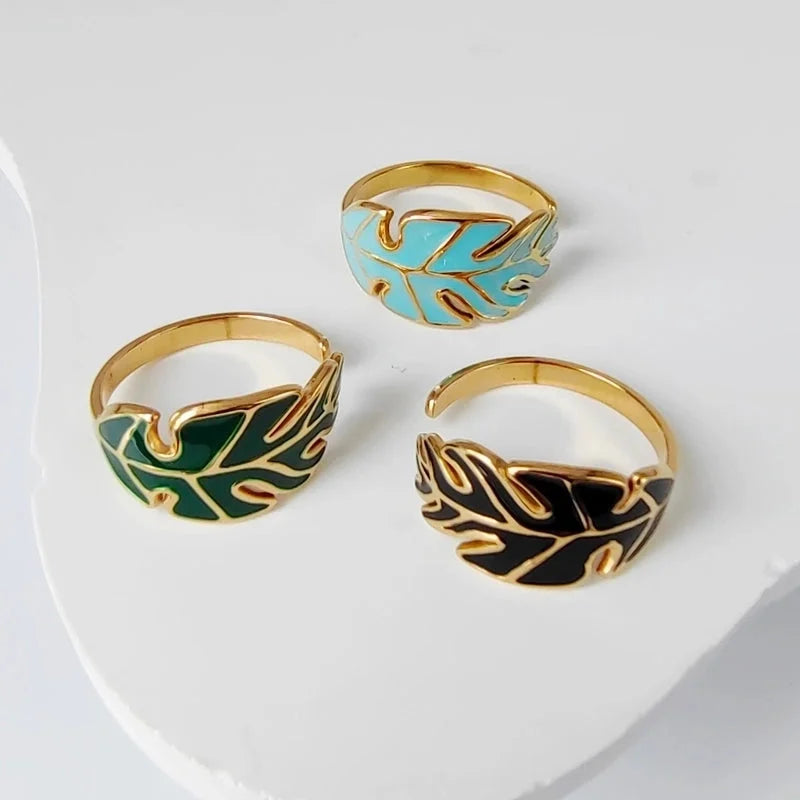 3 Pieces Casual Minimalist Leaves Eye 304 Stainless Steel 18K Gold Plated Enamel Hollow Out Open Rings