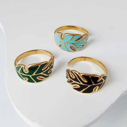 3 Pieces Casual Minimalist Leaves Eye 304 Stainless Steel 18K Gold Plated Enamel Hollow Out Open Rings