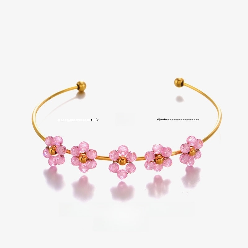 2 Pieces IG Style Flower 304 Stainless Steel 18K Gold Plated Zircon Bangle In Bulk