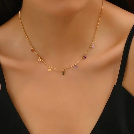 Vintage Style Color Block 304 Stainless Steel Titanium Steel Crystal 18K Gold Plated Beaded Plating Necklace