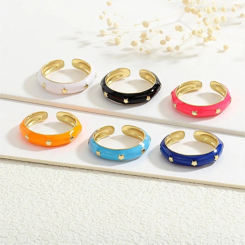 Copper 18K Gold Plated Enamel Star Open Rings