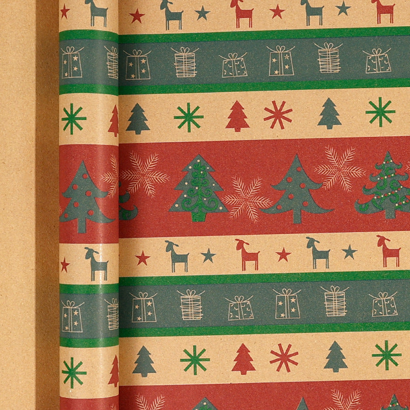 Large Size Gift Wrapping Paper Roll Brown Christmas Reindeer Head Elk Green Plaid Gift Box Recyclable Gift Paper