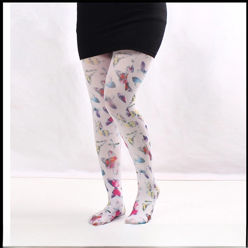 Thin Printed Pantyhose Spring And Autumn Versatile Butterfly Wild Abstract Retro Stockings Women's Socks Anti-snagging
