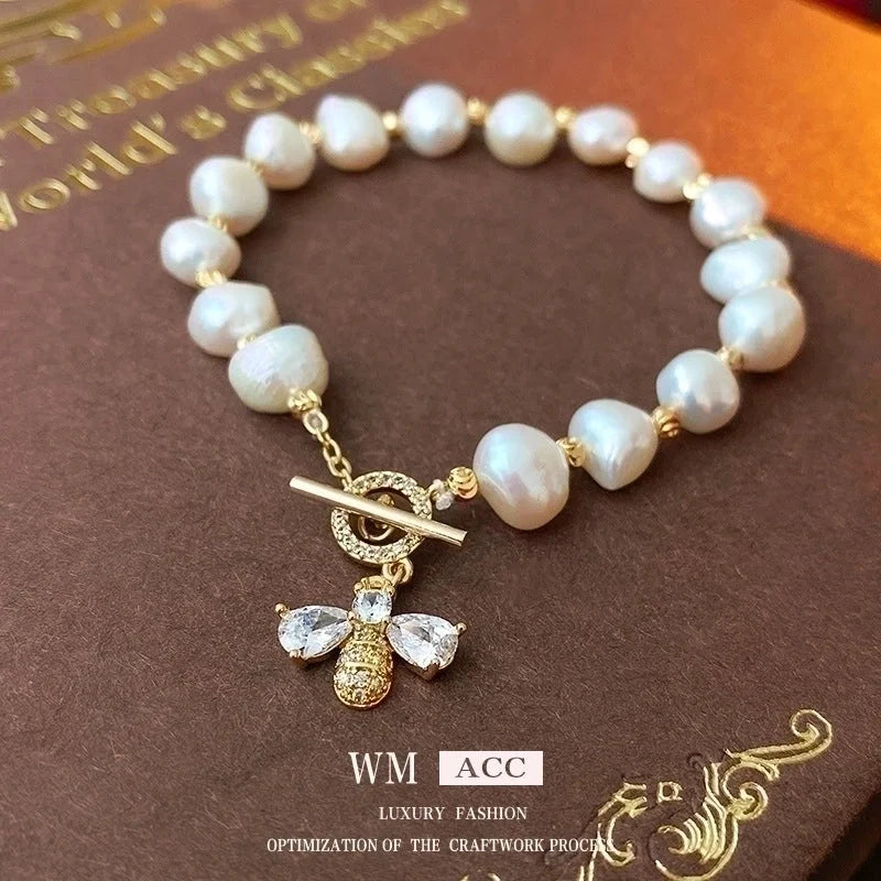 Retro Heart Shape Bee Freshwater Pearl Copper Bracelets