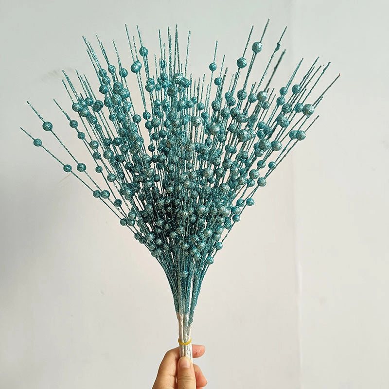 Christmas Decorations 43cm 12 Fork Gold Powder Ball Christmas Tree Garland Rattan Sequins Simulation Berry Branches Bundle