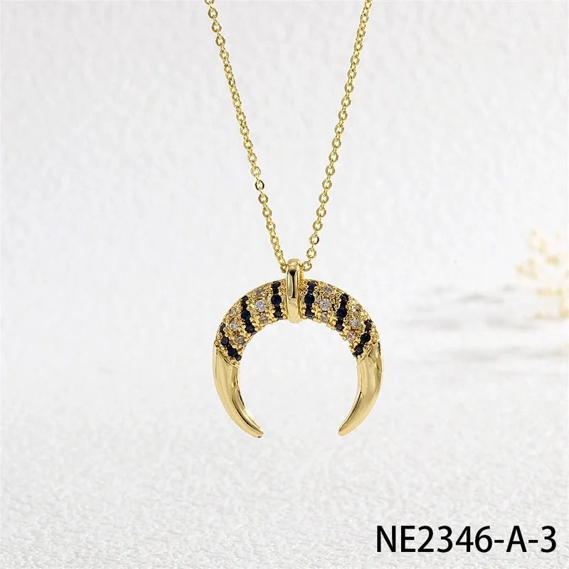 Copper Cable Chain Inlay Moon Zircon Pendant Necklace