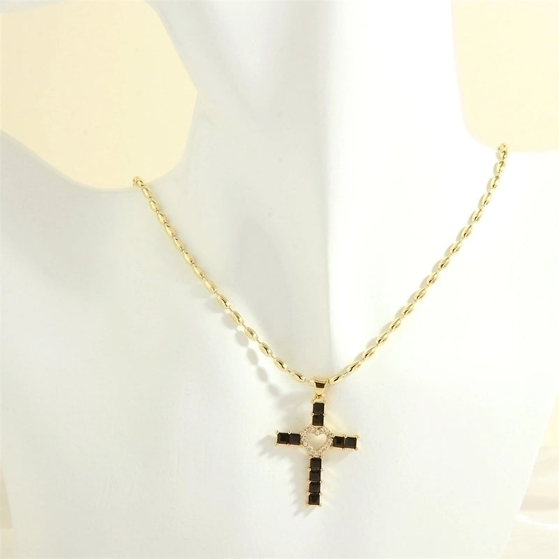 Minimalist Cross Heart Shape Copper 18k Gold Plated Zircon Pendant Necklace In Bulk