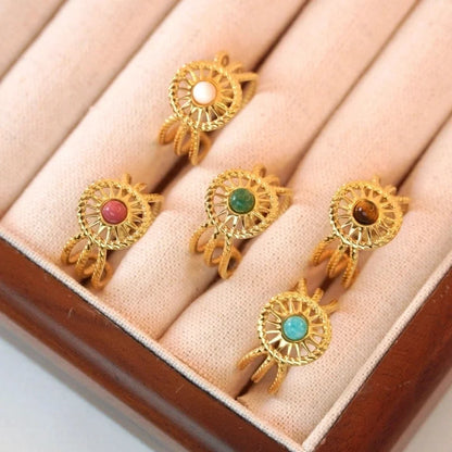 Retro Geometric Titanium Steel Natural Stone Open Rings In Bulk