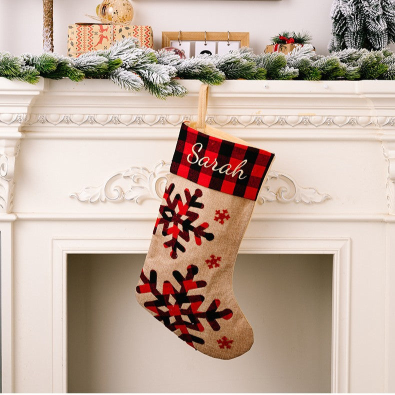 2 Pieces Christmas Stocking Decoration Supplies Red And Black Plaid Burlap Patch Embroidery Children's Gift Bag Holiday Decoration
