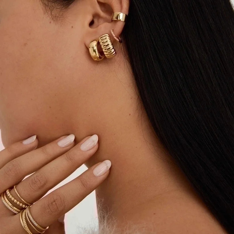 304 Stainless Steel 18K Gold Plated Retro Roman Style Plating Circle Gear Rings Earrings