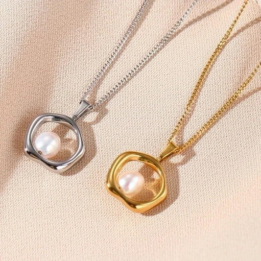 IG Style Round 304 Stainless Steel Freshwater Pearl Plating Pendant Necklace