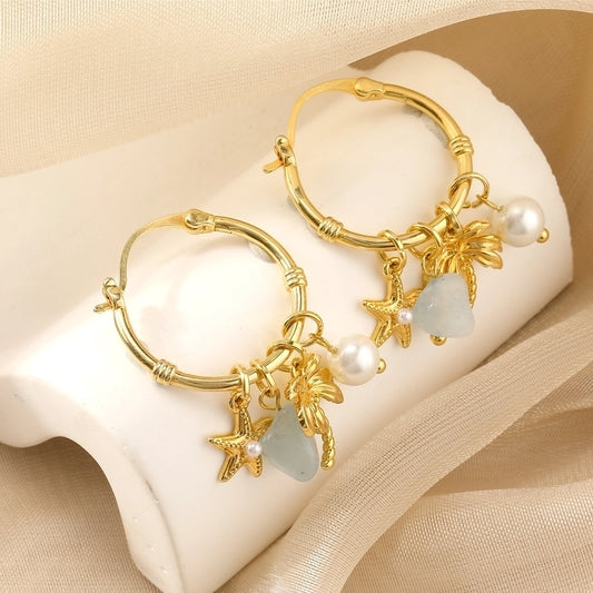 1 Pair Vacation Beach Coconut Tree Starfish Inlay Copper Natural Stone Pearl Drop Earrings