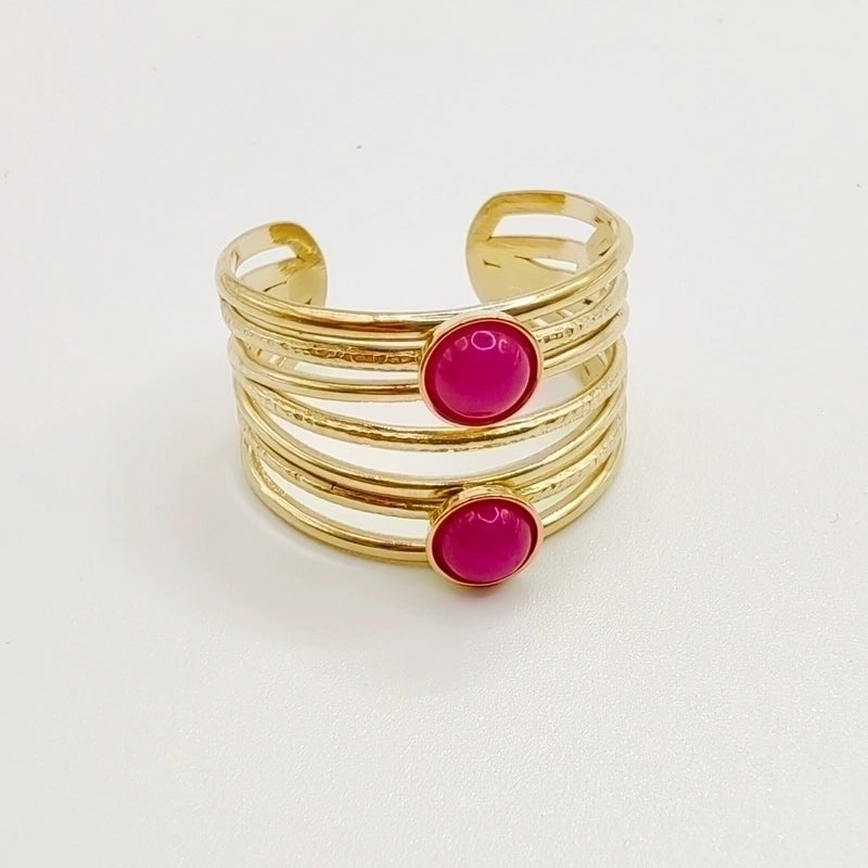 Minimalist Round 304 Stainless Steel Natural Stone 14K Gold Plated Plating Inlay Open Rings