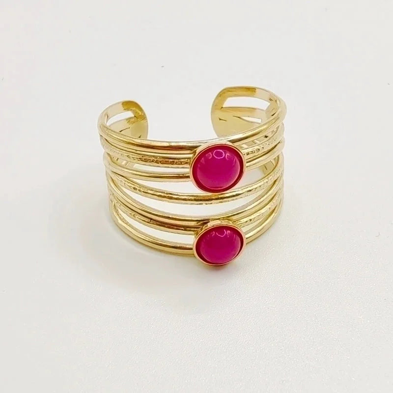 Minimalist Round 304 Stainless Steel Natural Stone 14K Gold Plated Plating Inlay Open Rings