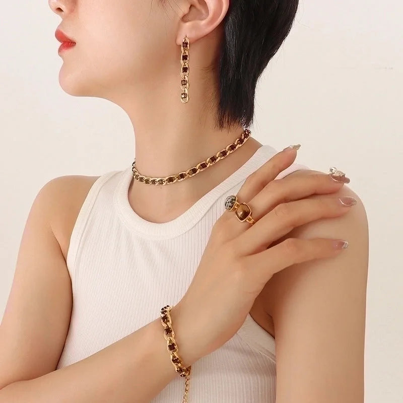 Retro Geometric 304 Stainless Steel Zircon 18K Gold Plated Bracelets Earrings Necklace