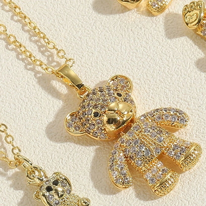 Vintage Style Minimalist Little Bear Stainless Steel Copper 14k Gold Plated Zircon Pendant Necklace In Bulk
