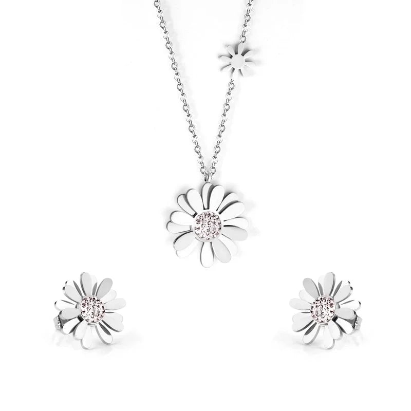 Minimalist Flower Stainless Steel Inlay Zircon Earrings Necklace 1 Set