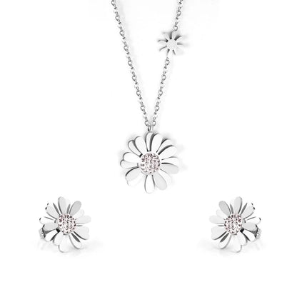 Minimalist Flower Stainless Steel Inlay Zircon Earrings Necklace 1 Set