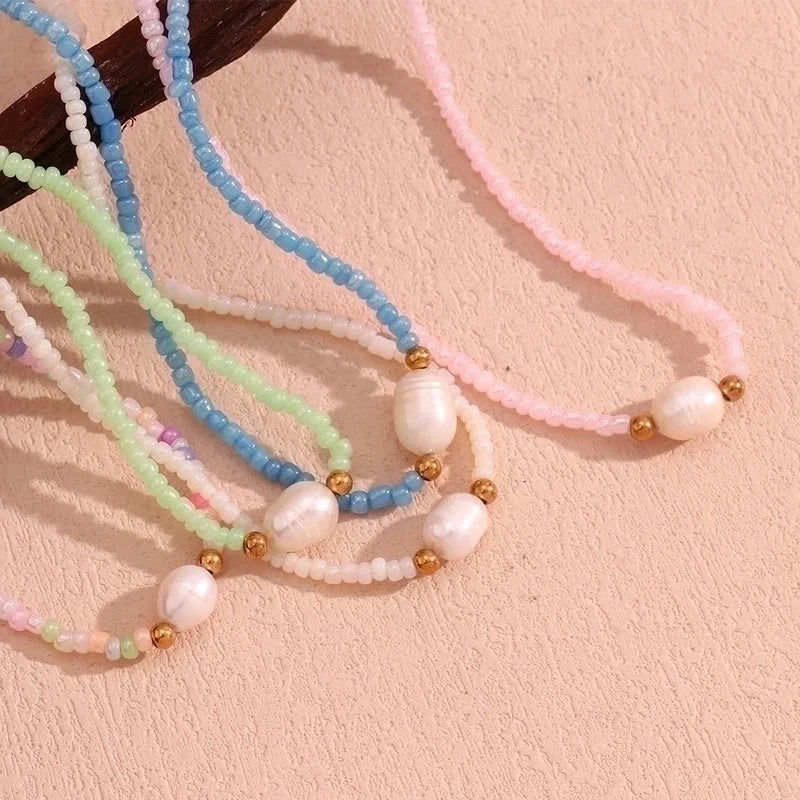 Casual Basic Solid Color 304 Stainless Steel Freshwater Pearl Seed Bead 18K Gold Plated Beaded Plating Necklace