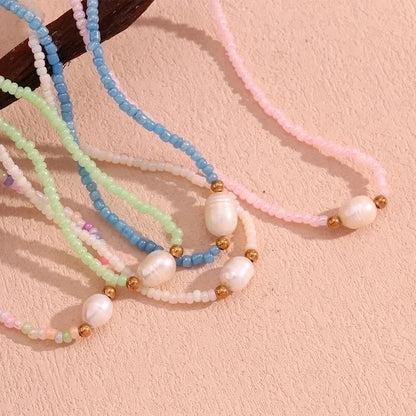 Casual Basic Solid Color 304 Stainless Steel Freshwater Pearl Seed Bead 18K Gold Plated Beaded Plating Necklace