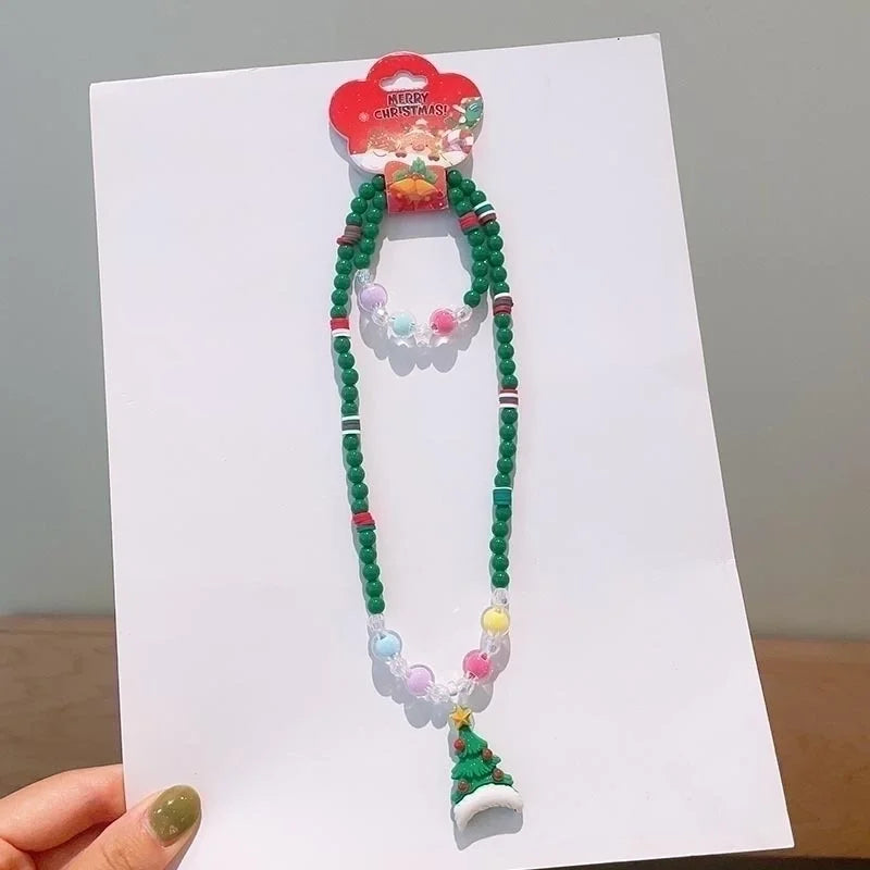 Cute Christmas Tree Santa Claus Elk Resin Beaded Christmas Kid's Jewelry Set