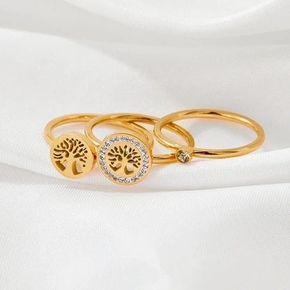 3 Pieces Retro Tree 304 Stainless Steel Rhinestones 16K Gold Plated White Gold Plated Gold Plated Inlay Stainless Steel Rings
