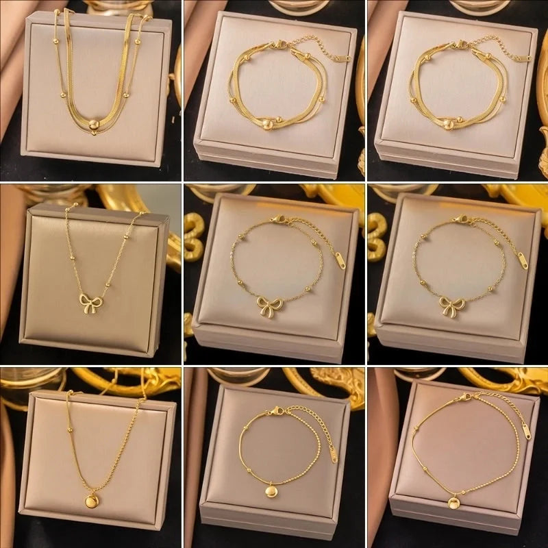 Sweet Round Solid Color Bow Knot Titanium Steel Zircon Inlay Bracelets Anklet Necklace