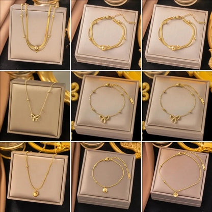 Sweet Round Solid Color Bow Knot Titanium Steel Zircon Inlay Bracelets Anklet Necklace