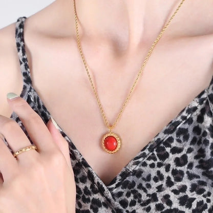 Retro French Style Solid Color Titanium Steel Natural Stone Turquoise 18K Gold Plated Plating Inlay Earrings Necklace Jewelry Set