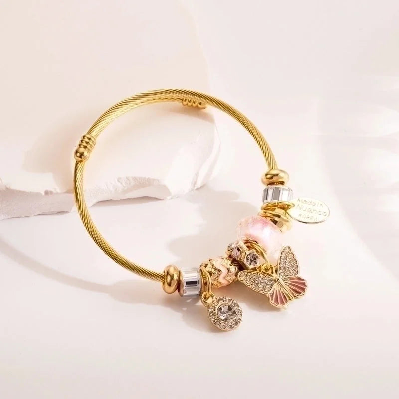 Elegant Sweet Butterfly 304 Stainless Steel Alloy Gold Plated Rhinestones Bangle In Bulk