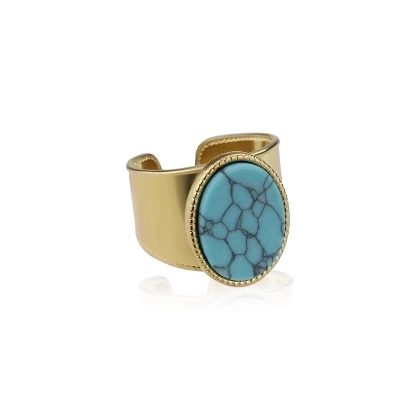 Minimalist Geometric 304 Stainless Steel Natural Stone 18K Gold Plated Hollow Out Open Ring