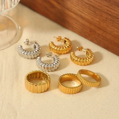 304 Stainless Steel 18K Gold Plated Retro Roman Style Plating Circle Gear Rings Earrings